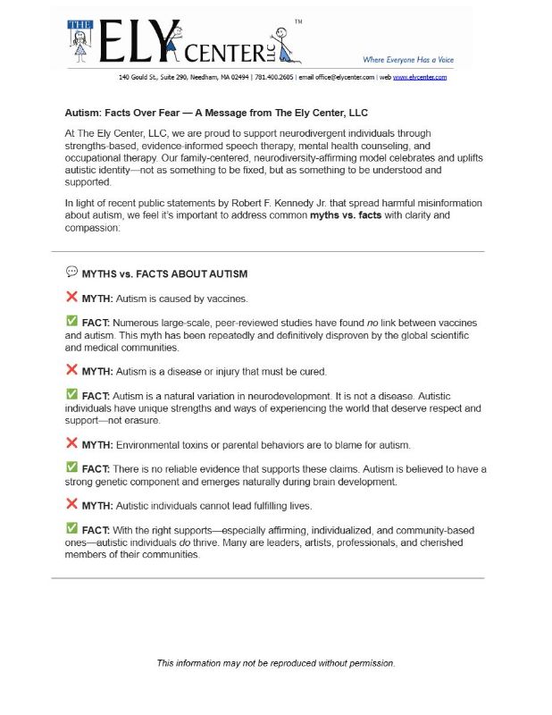 Announcement: Autism: Facts Over Fear — A Message from The Ely Center, LLC